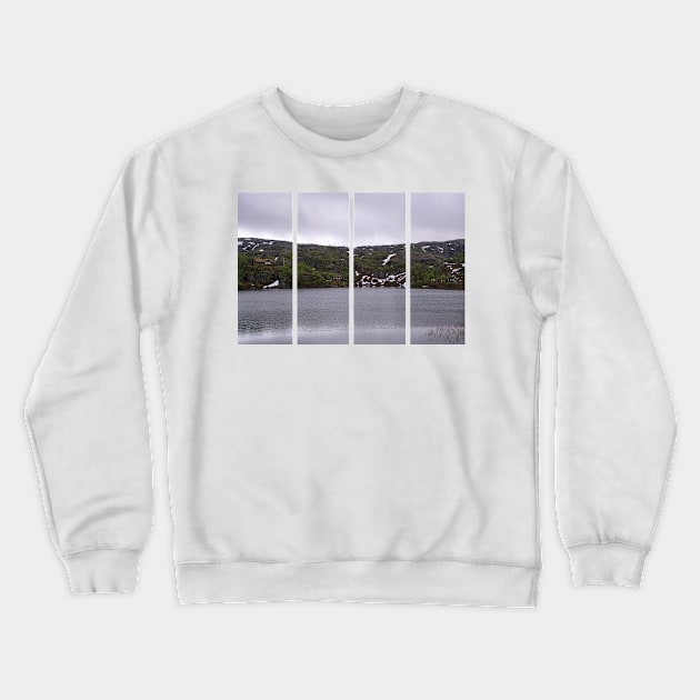 Wonderful landscapes in Norway. Vestland. Beautiful scenery of houses with grass roof. Norwegian traditional architecture Mountains, trees and snow in background. Cloudy day Crewneck Sweatshirt by fabbroni-art